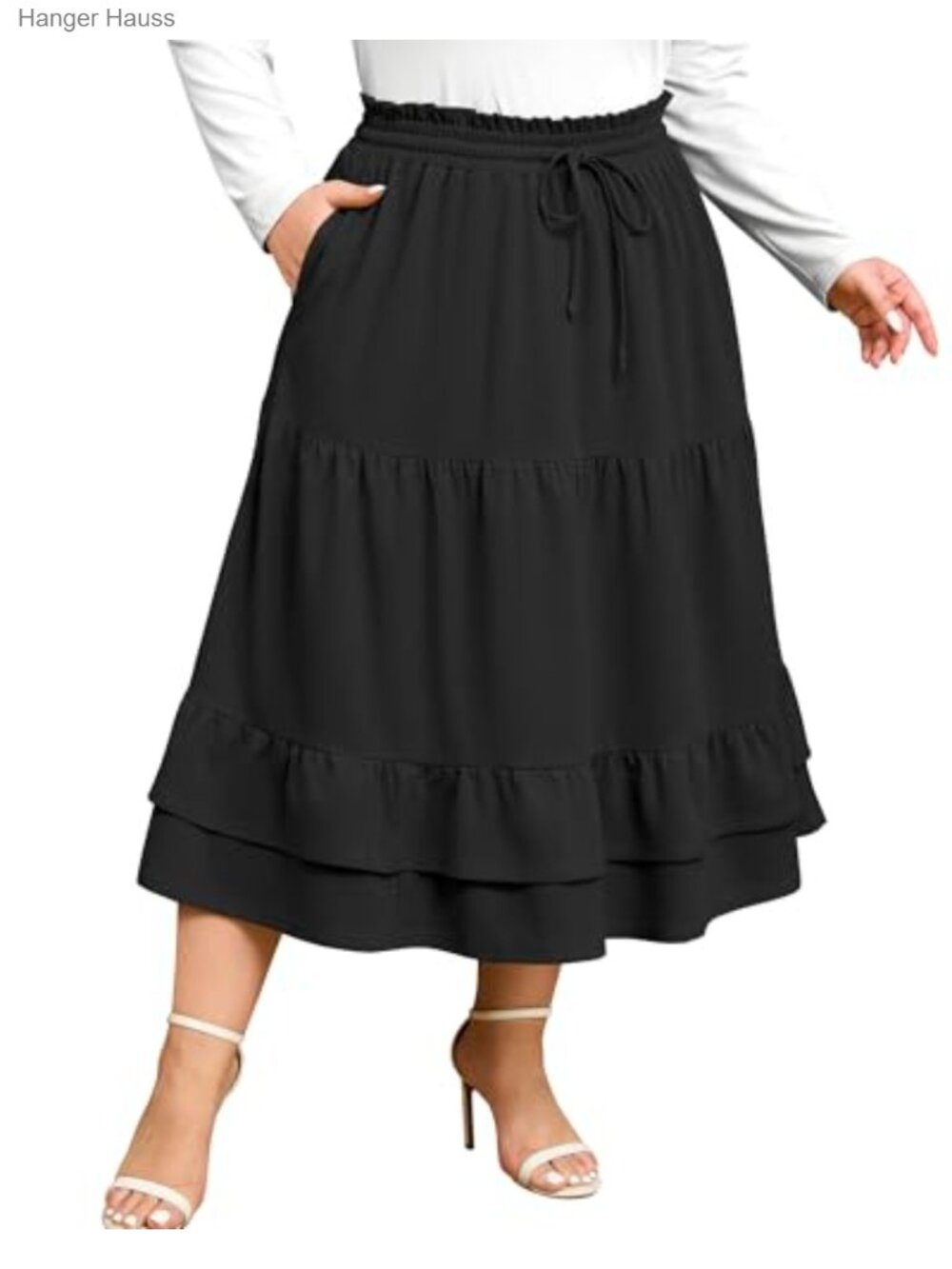 Plus Size Midi Skirt Ruffle Tiered A-Line Flowy with Pockets Fall